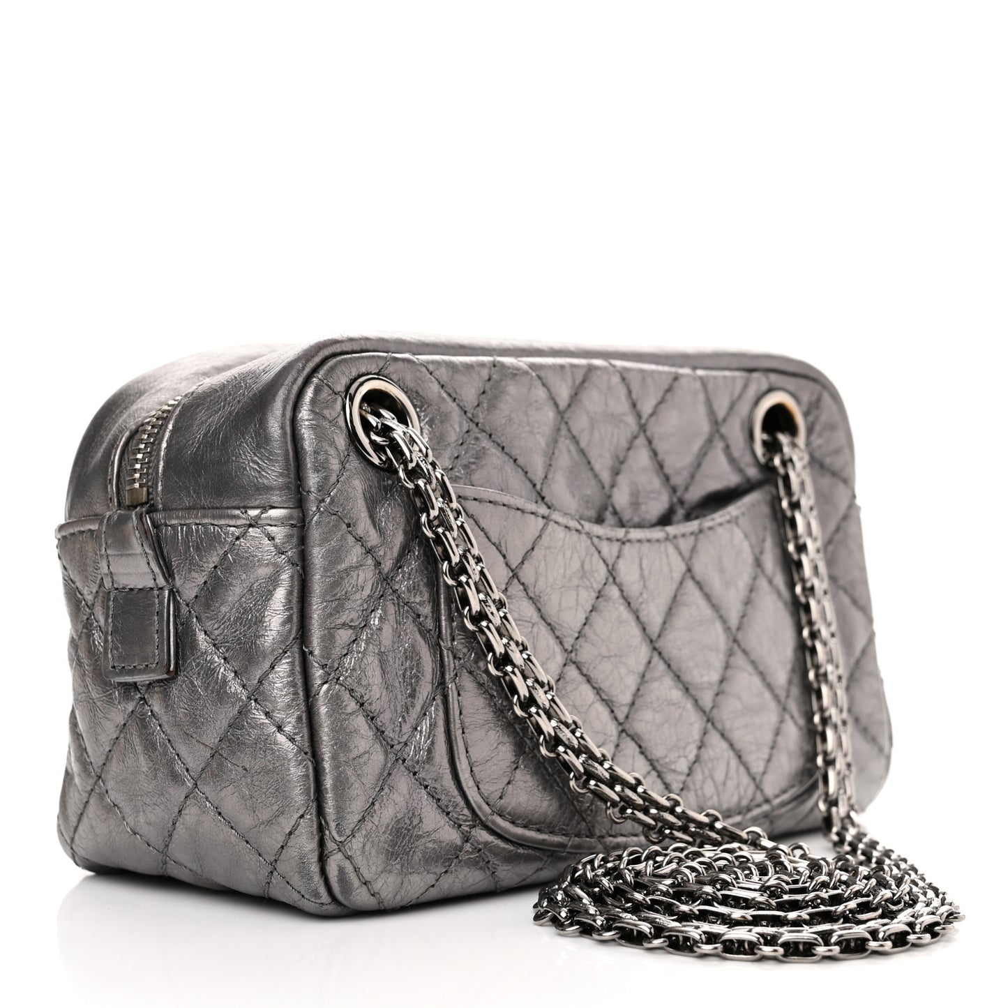 Metallic Aged Calfskin Quilted Small Reissue Camera Case Dark Silver
