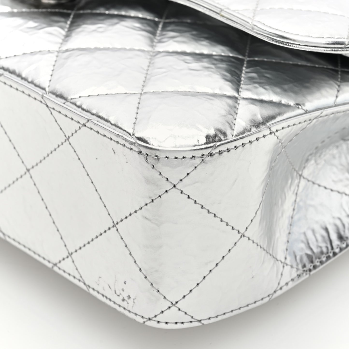 Hammered Metallic Calfskin Quilted Small Double Flap Silver