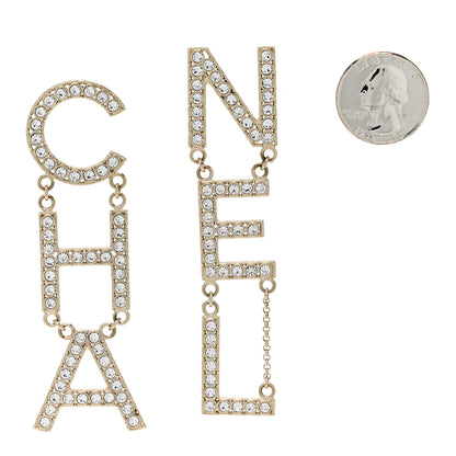 Chanel Crystal Cha-Nel Logo Drop Earrings Gold 2 of 5