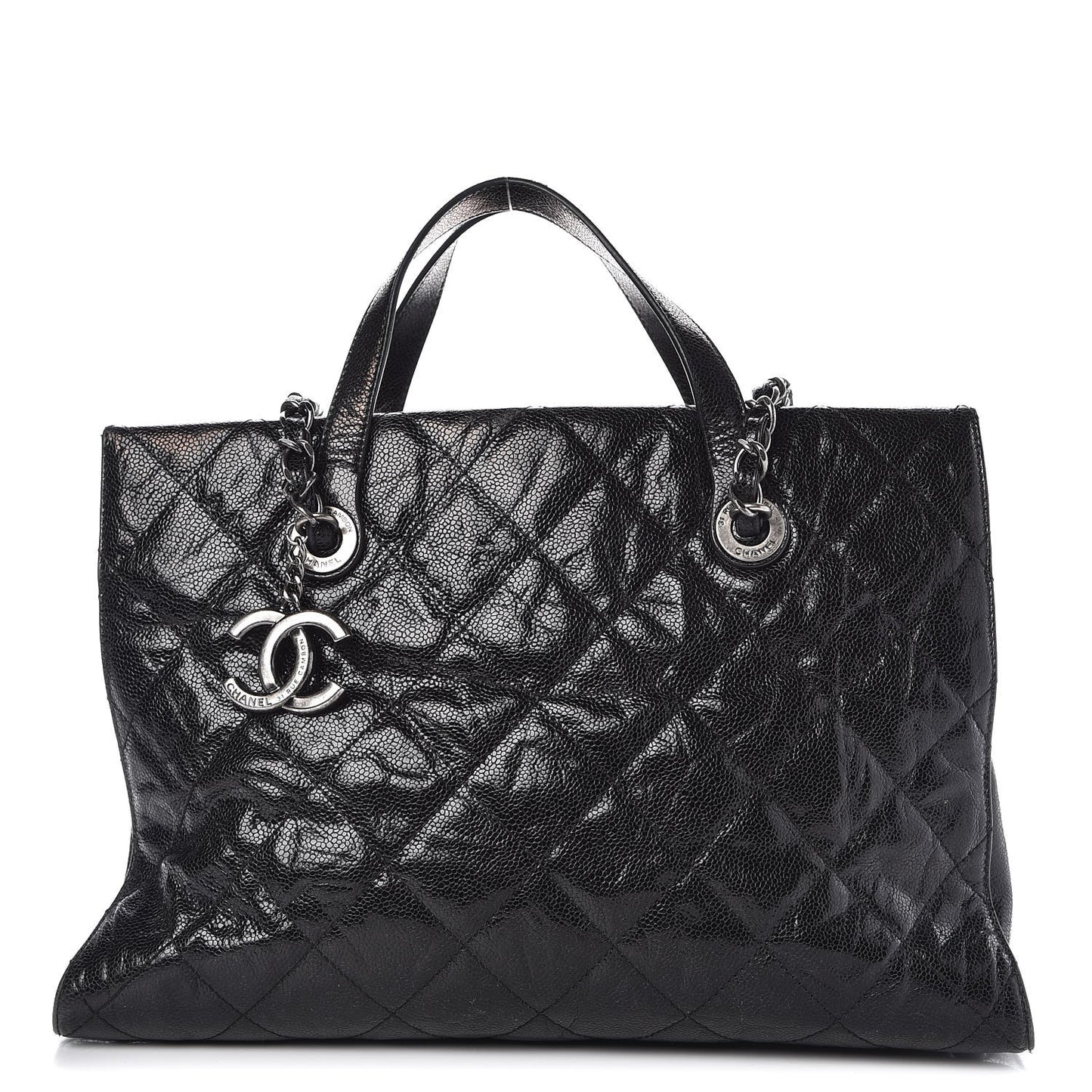 Crumpled Grained Calfskin Quilted CC Crave Tote Black