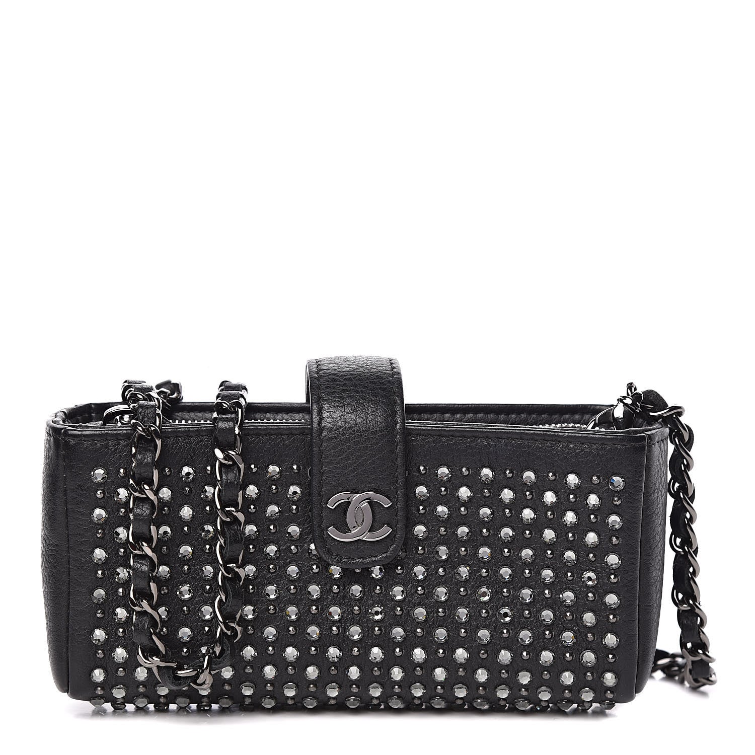 Chanel Calfskin Strass Studded Mini Phone Holder Clutch Black 1 of 14