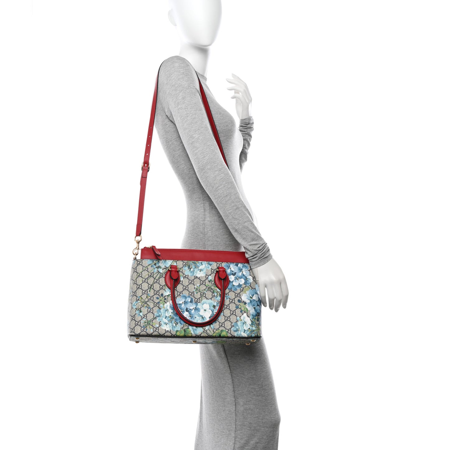 GG Supreme Monogram Blooms Medium Zip Top Tote Beige Blue Navy Hibiscus Red