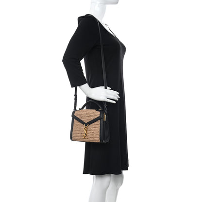 Saint Laurent Raffia Calfskin Mini Classic Monogram Cassandra Top Handle Black Natural 2 of 11