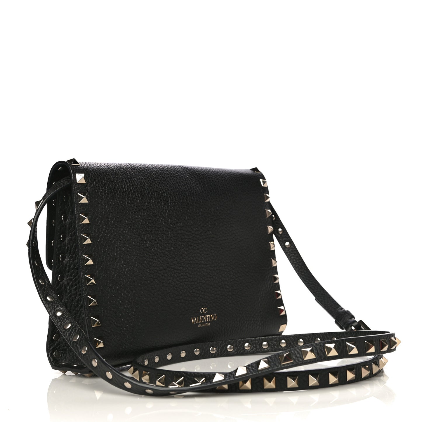 Pebbled Calfskin Medium Rockstud Flip Lock Crossbody Bag Black