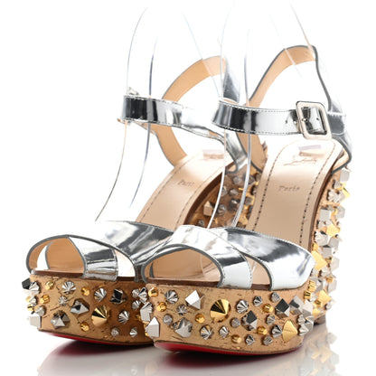 Christian Louboutin Calfskin Lame Cork Almericca 120 Studded Wedge Sandals 41 Silver 3 of 14