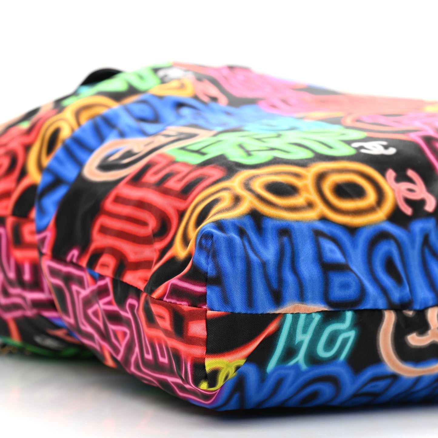 Caviar Fabric Graffiti Foldable Tote Bag With Chain Black Multicolor