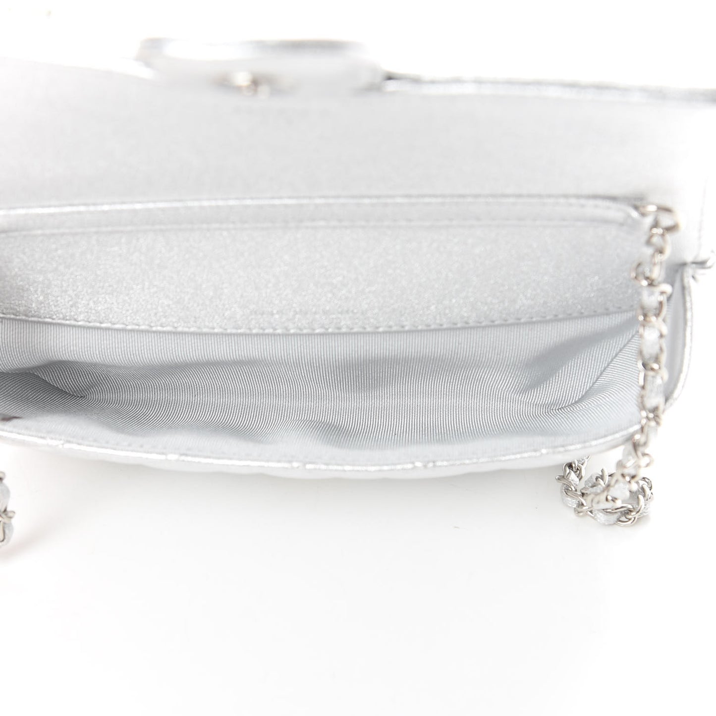 Metallic Lambskin Quilted Glasses Case With Chain Silver