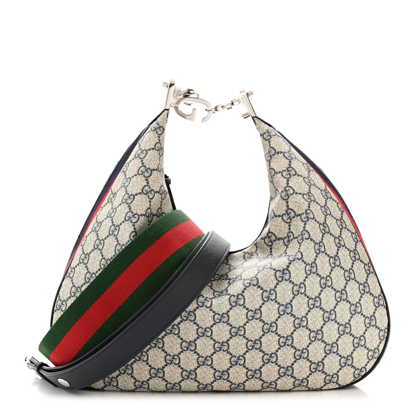 GG Supreme Monogram Textured Calfskin Web Large Attache Shoulder Bag Beige Blue
