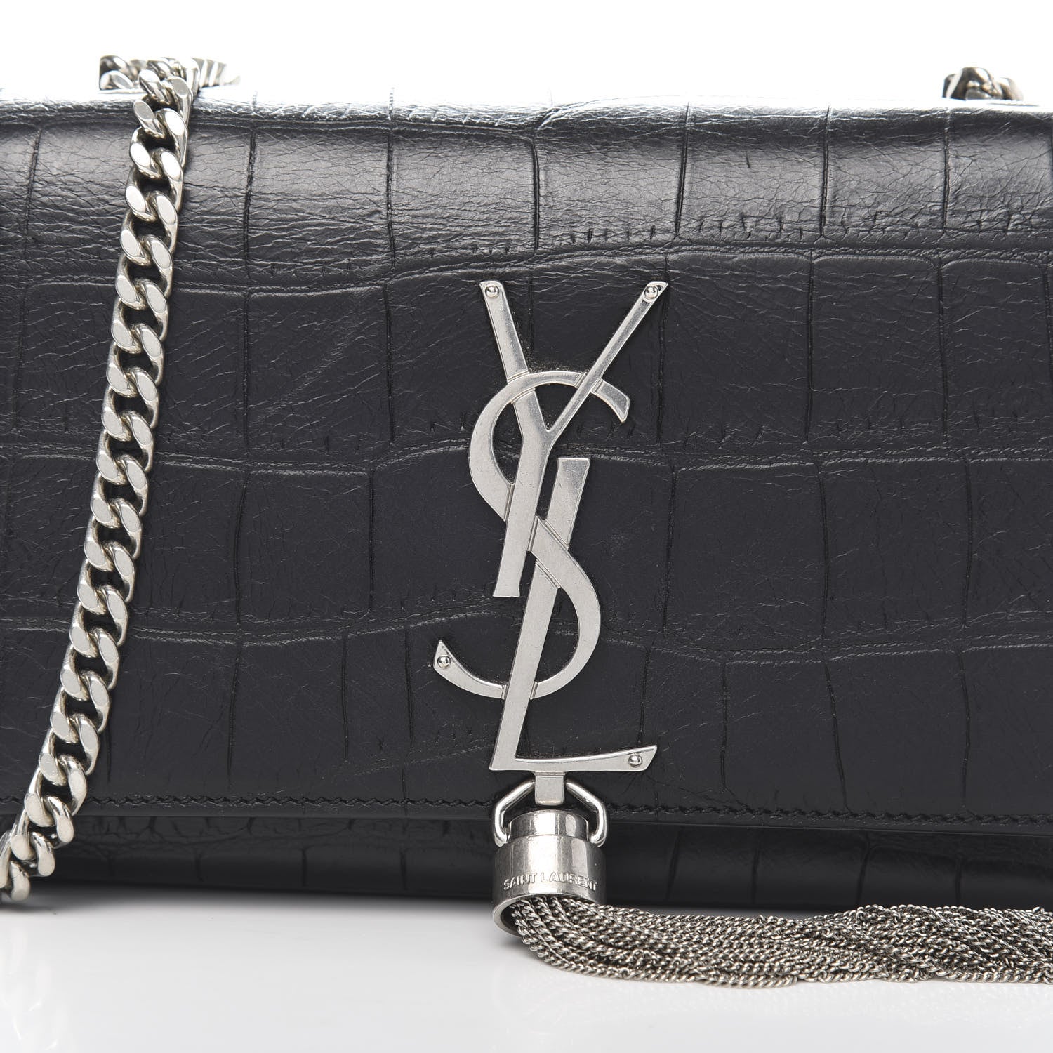 Saint Laurent Calfskin Crocodile Embossed Monogram Small Kate Tassel Satchel Black 10 of 10