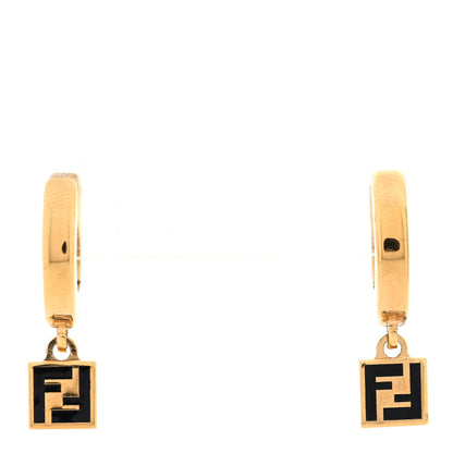 Fendi Metal Enamel FF Hoop Drop Earrings Gold Black 1 of 5