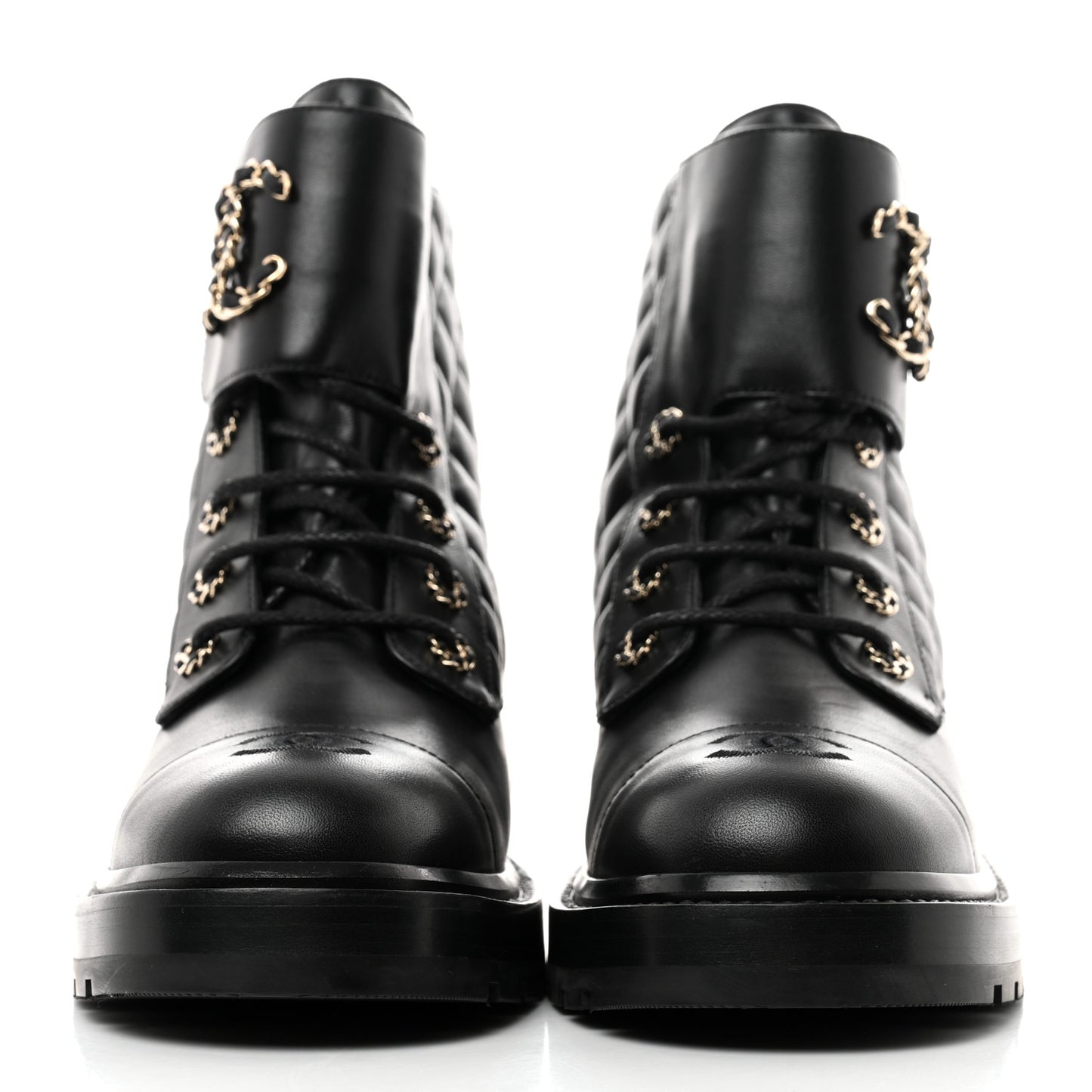 Shiny Lambskin Quilted Lace Up Combat Boots 41 Black