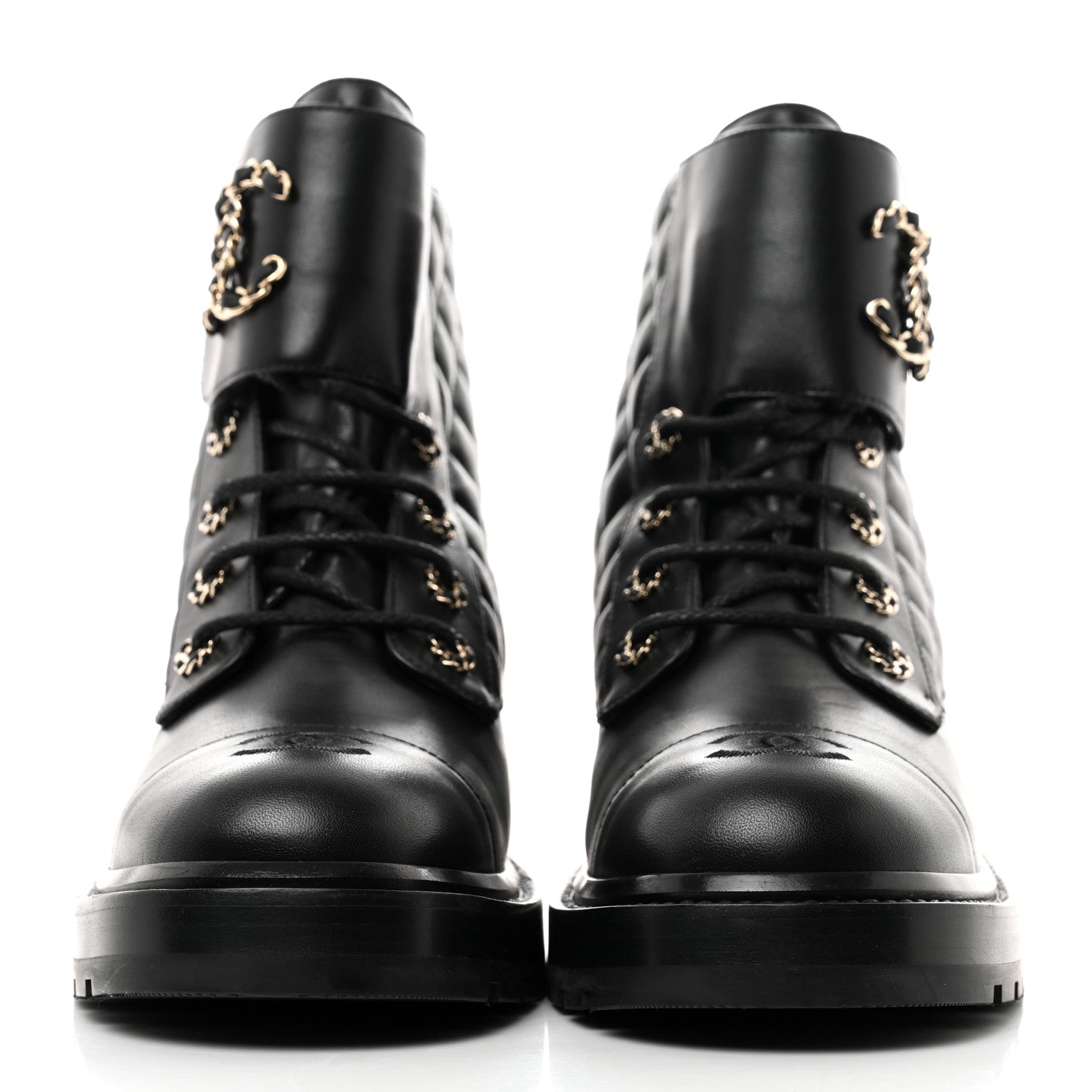 Chanel Shiny Lambskin Quilted Lace Up Combat Boots 41 Black 2 of 9