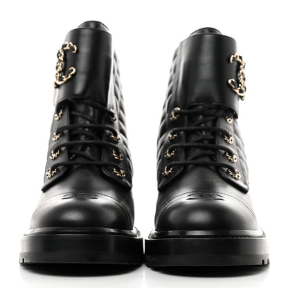 Chanel Shiny Lambskin Quilted Lace Up Combat Boots 41 Black 2 of 9