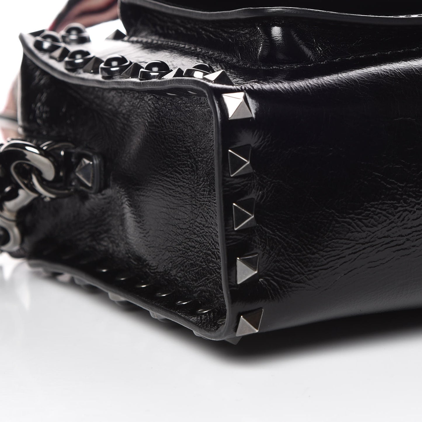 Craquele Calfskin Small Guitar Strap Rockstud Rolling Flap Pocket Shoulder Bag Black