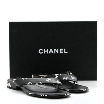 Chanel Printed Lambskin Coco Beach Thong Sandals 37 Black White 9 of 9