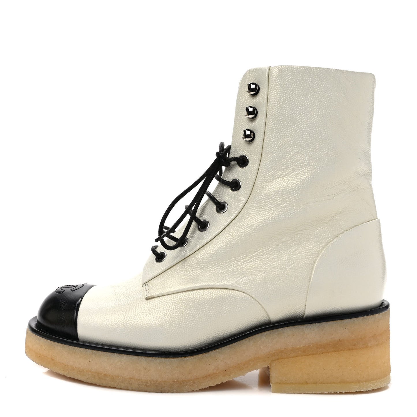 Pearlized Grained Calfskin Cap Toe Combat Boots 37 Ivory Black