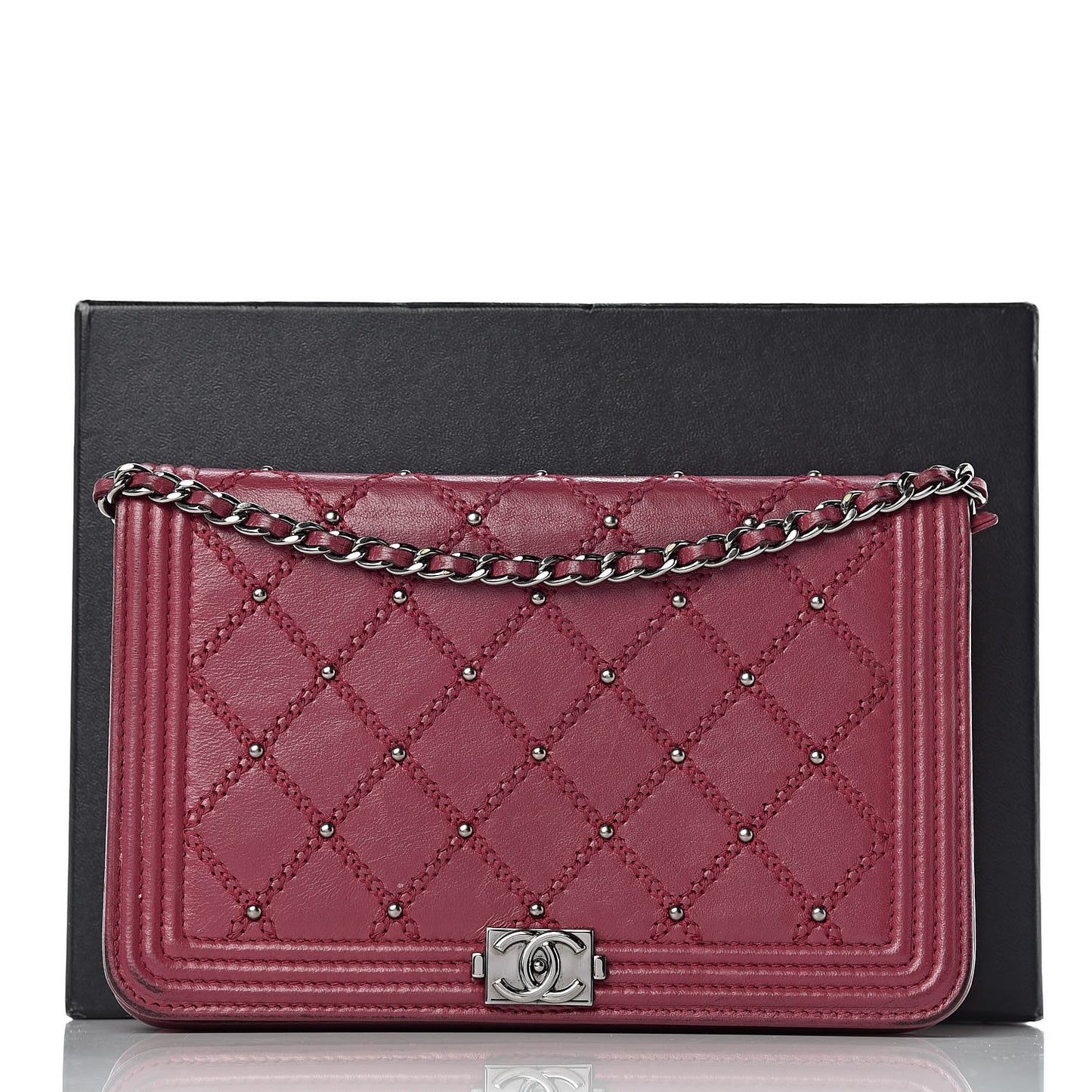 Calfskin Studded Quilted Boy Wallet On Chain WOC Dark Pink