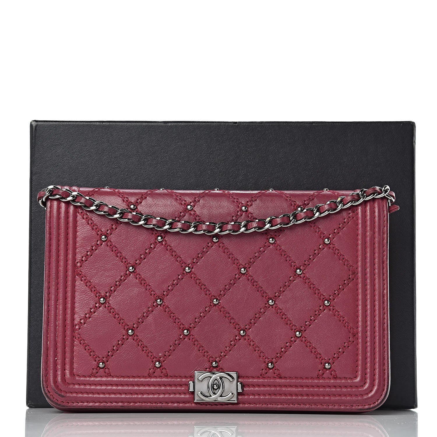 Chanel Calfskin Studded Quilted Boy Wallet On Chain WOC Dark Pink 22 of 22