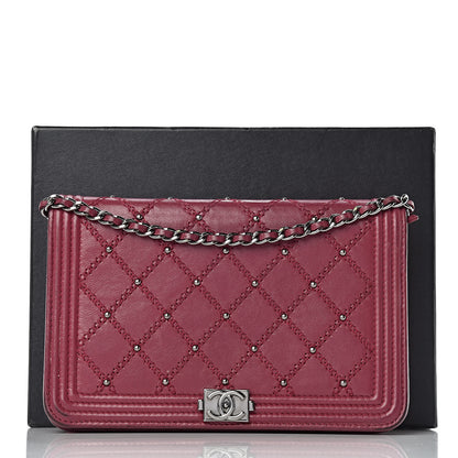 Chanel Calfskin Studded Quilted Boy Wallet On Chain WOC Dark Pink 22 of 22