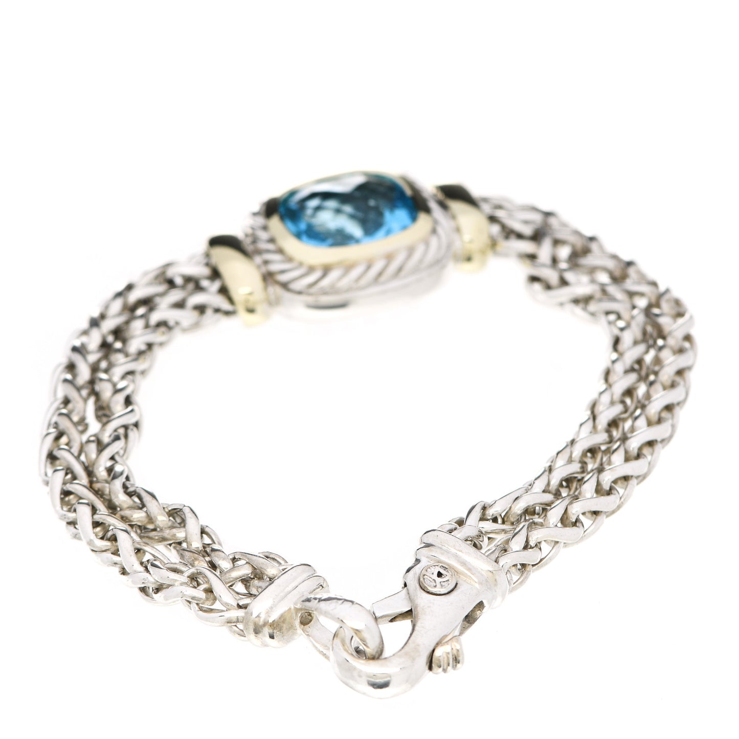 Sterling Silver 14K Yellow Gold Blue Topaz Wheat Chain Bracelet