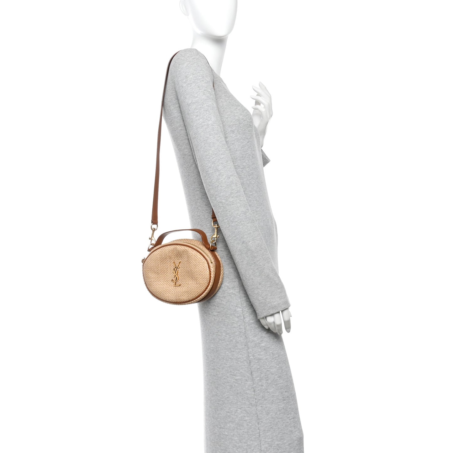 Raffia Calfskin Round Camera Bag Golden Ecru Brick