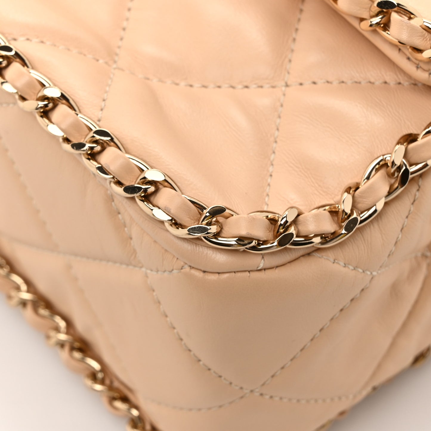 Crumpled Calfskin Quilted Large Chain All Over Flap Bag Beige