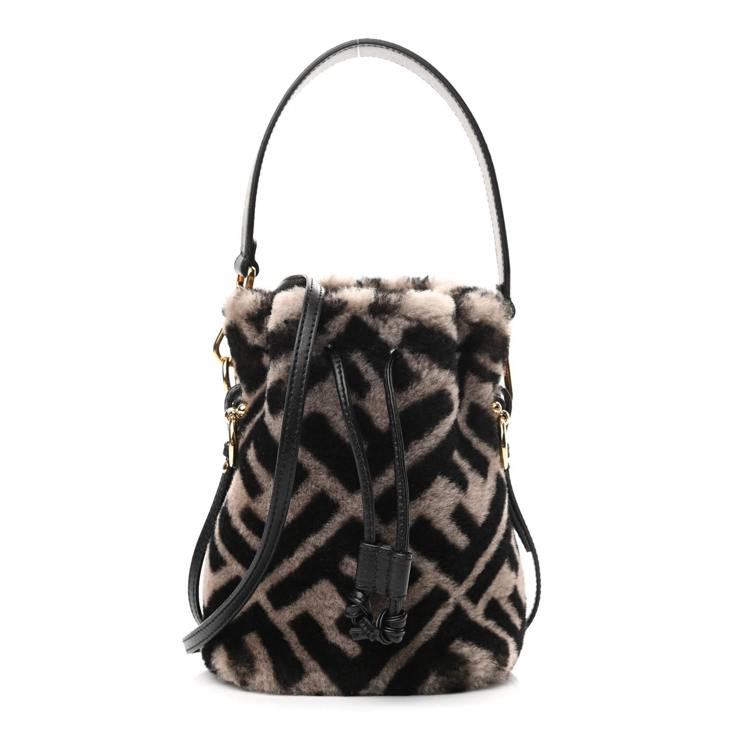 Shearling F is Fendi Macro FF 1974 Diagonal Mini Mon Tresor Bucket Bag Dove Black