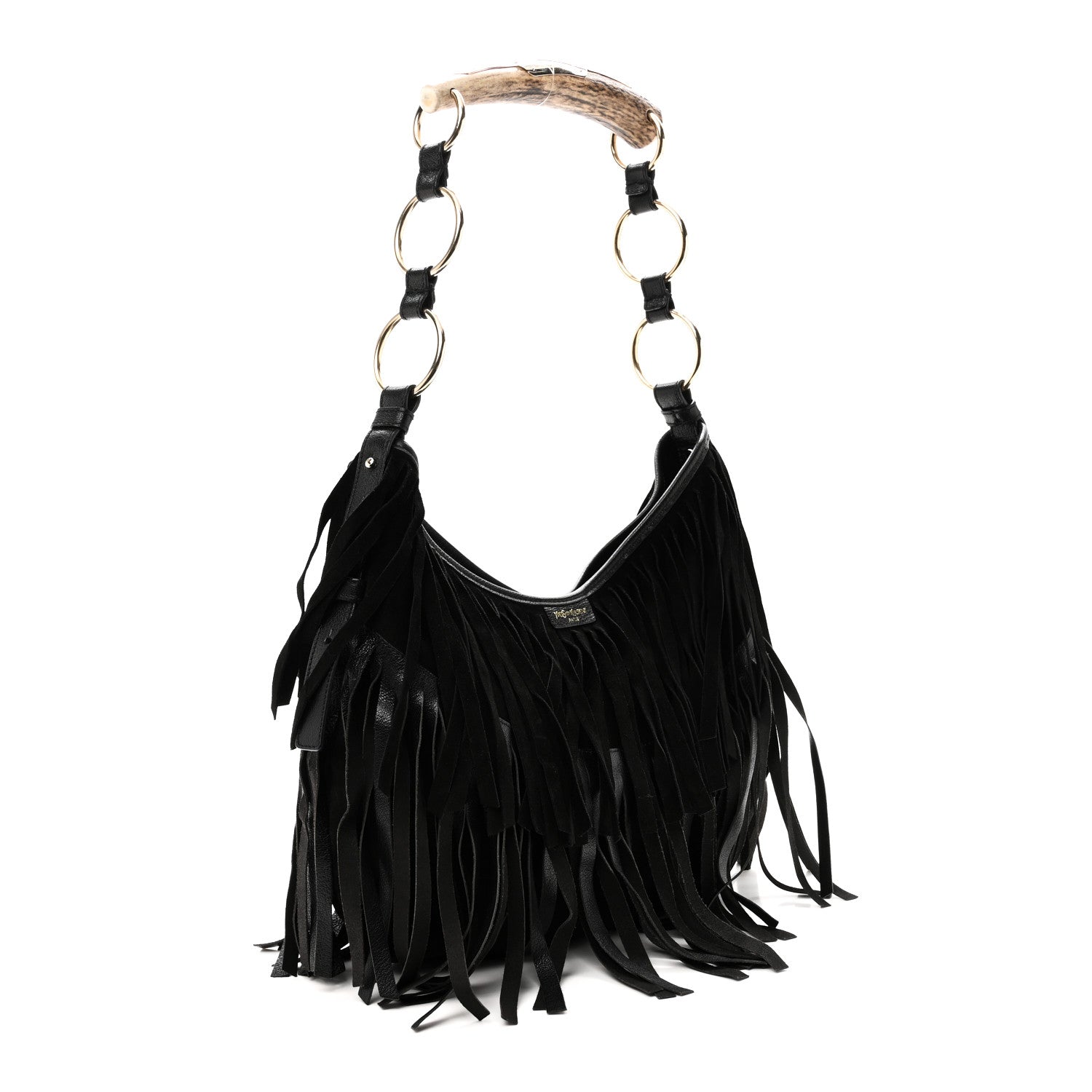 Saint Laurent Suede Calfskin Fringe Buffalo Horn Mombasa Hobo Black 3 of 11