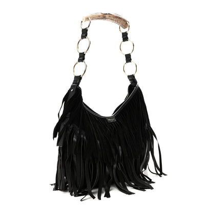 Saint Laurent Suede Calfskin Fringe Buffalo Horn Mombasa Hobo Black 3 of 11