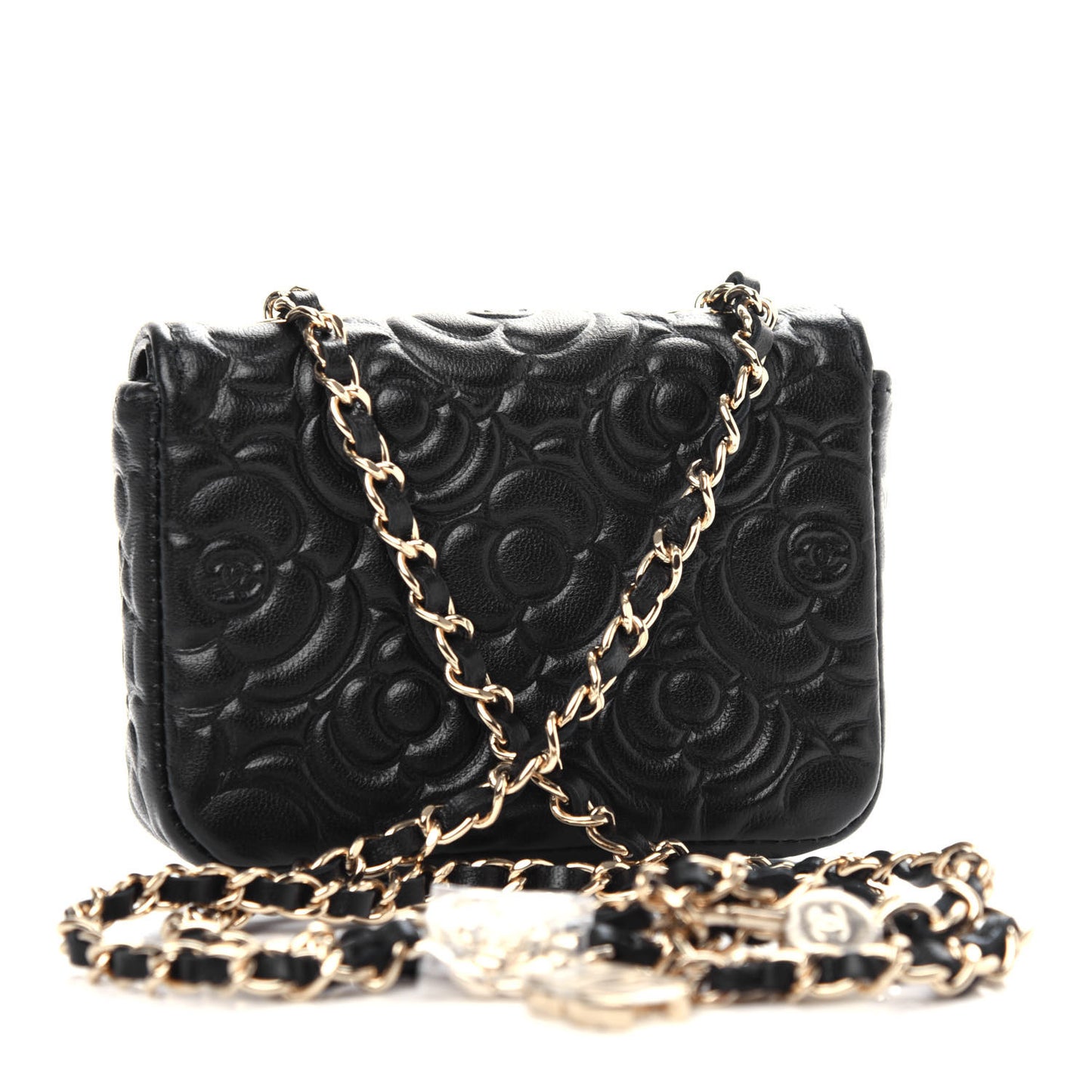 Lambskin Camellia Embossed Chain Belt Bag Black
