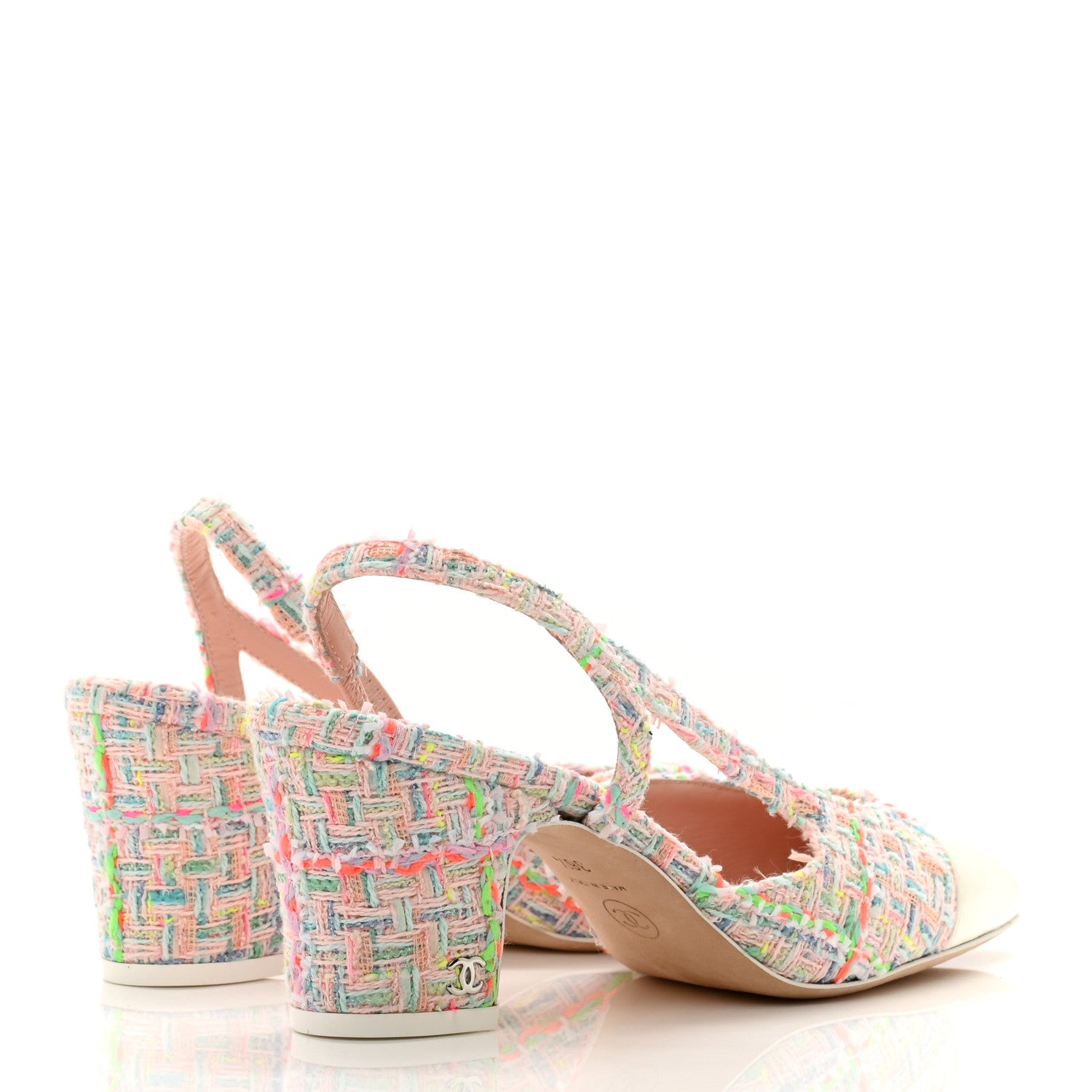 Chanel Tweed Lambskin Cap Toe CC Slingback Pumps 36.5 Pink White 4 of 8