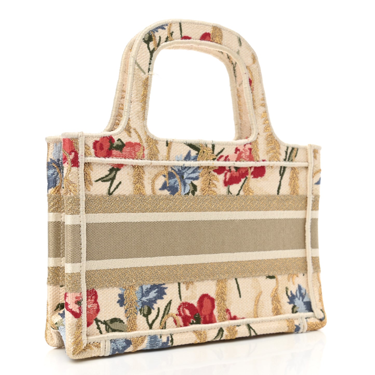 Canvas Embroidered Hibiscus Printed Mini Book Tote Beige Multicolor