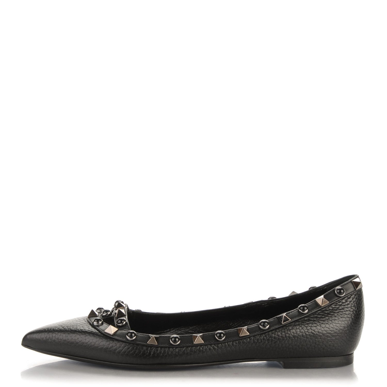 Valentino Garavani Pebbled Calfskin Onyx Rockstud Rolling Ballerina Flats 36 Black 1 of 8
