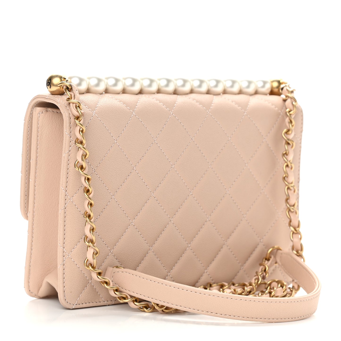 Lambskin Quilted Small Chic Pearls Flap Beige