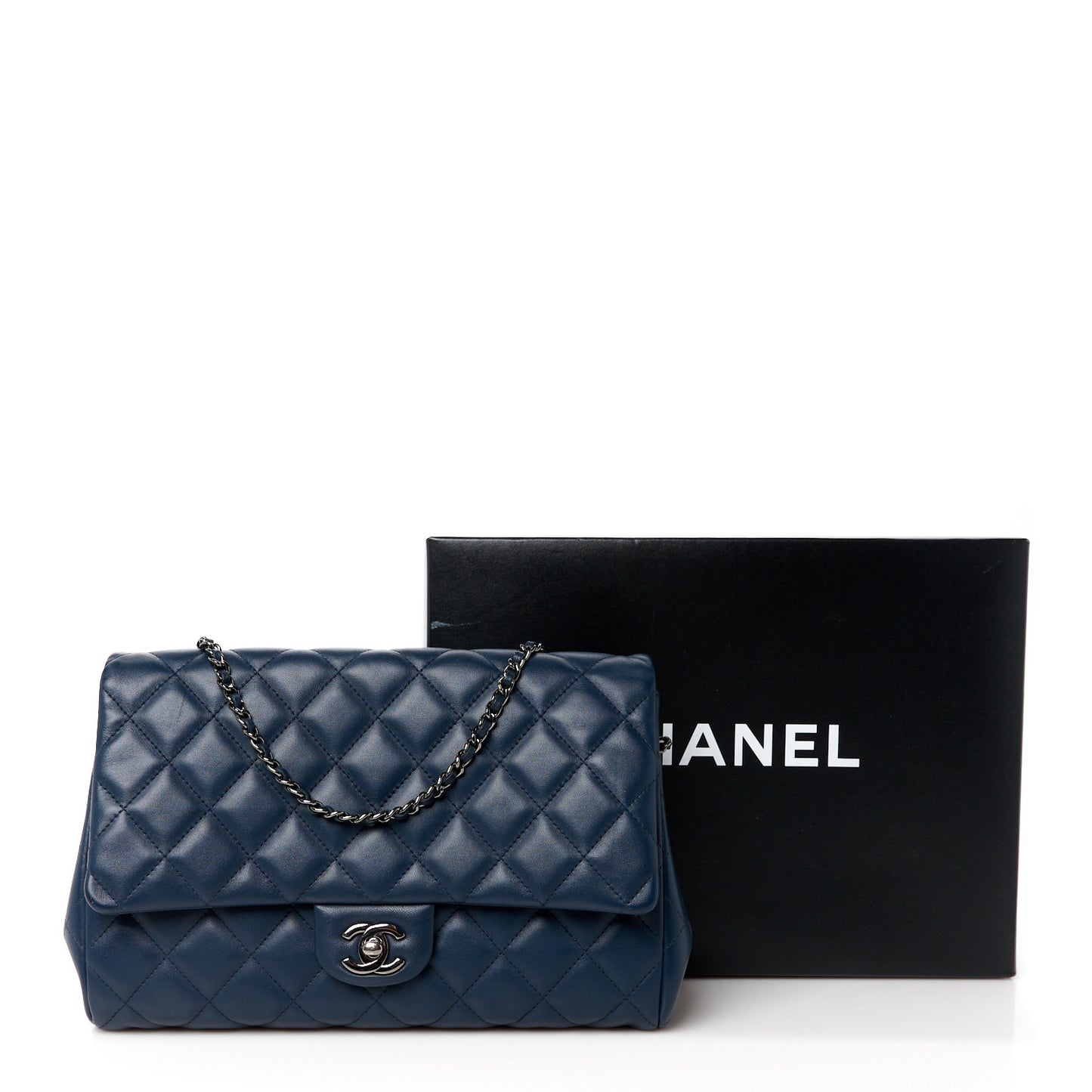 Lambskin Quilted Clutch with Chain Flap Navy