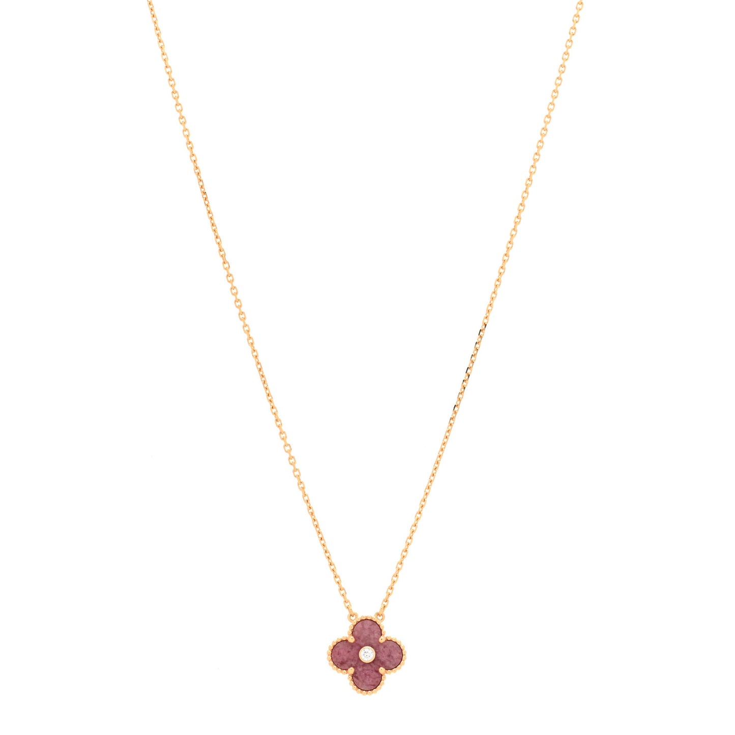 18K Rose Gold Diamond Rhodonite Vintage Alhambra Pendant Necklace