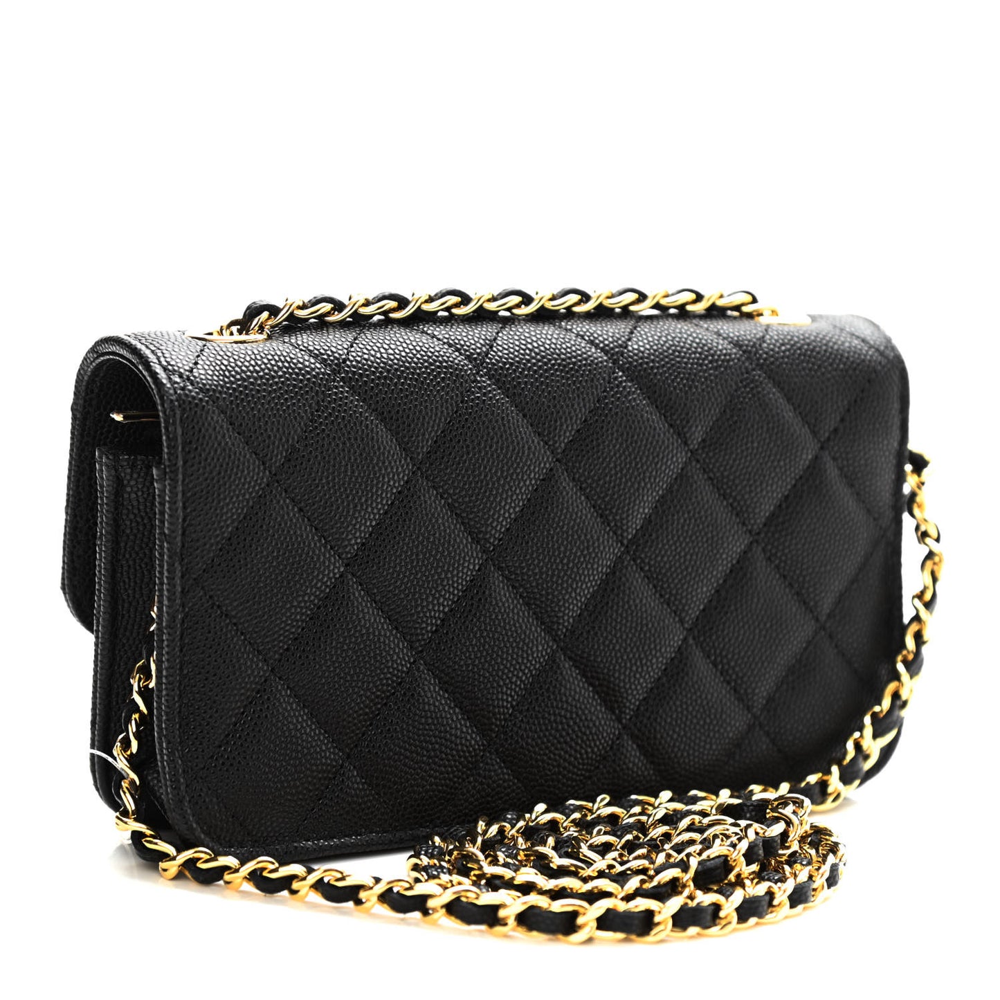 Caviar Quilted Enamel Coco Casino Flap Phone Holder With Chain Black