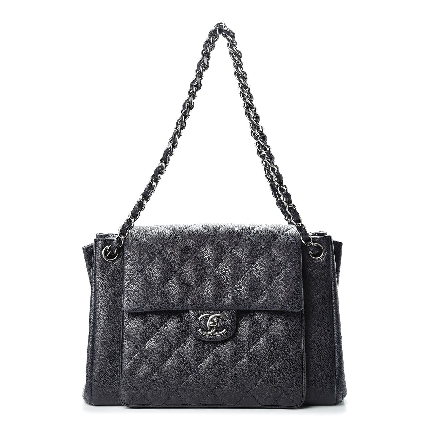 Caviar Quilted CC Accordion Shopping Bag Navy