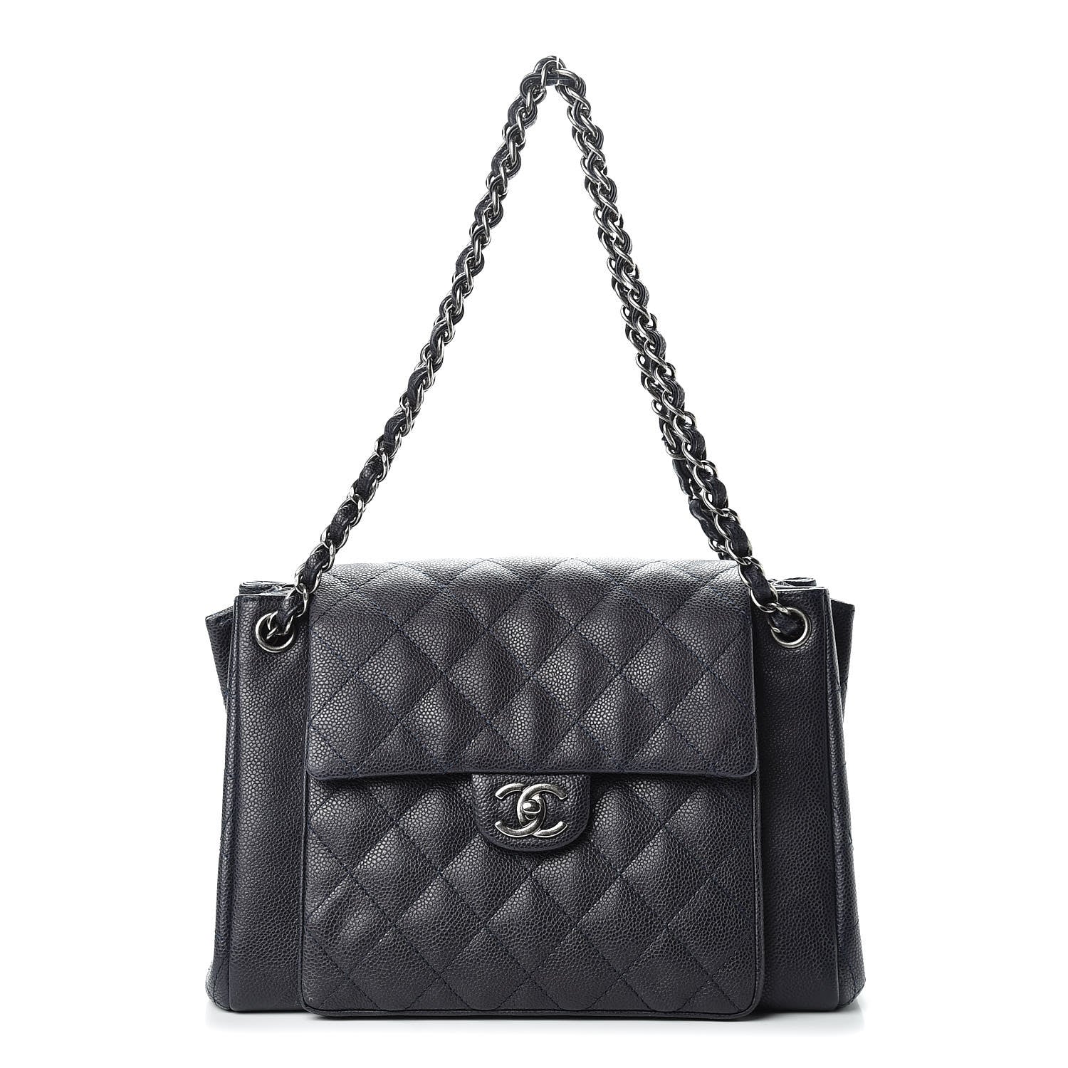 Chanel Caviar Quilted CC Accordion Shopping Bag Navy 1 of 15