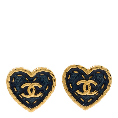 Chanel Metal Enamel CC Denim Heart Earrings Gold Blue 1 of 5