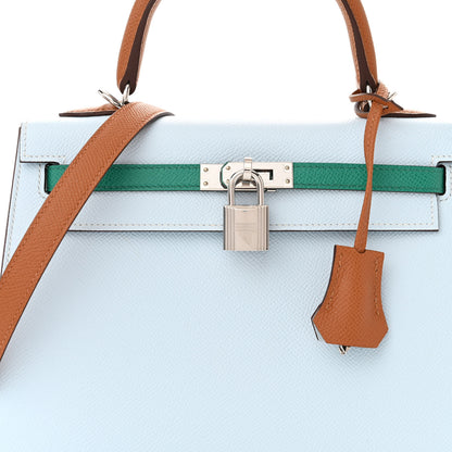 Hermes Epsom Tri-Color Kelly Sellier 25 Bleu Brume Vert Jade Gold 8 of 13