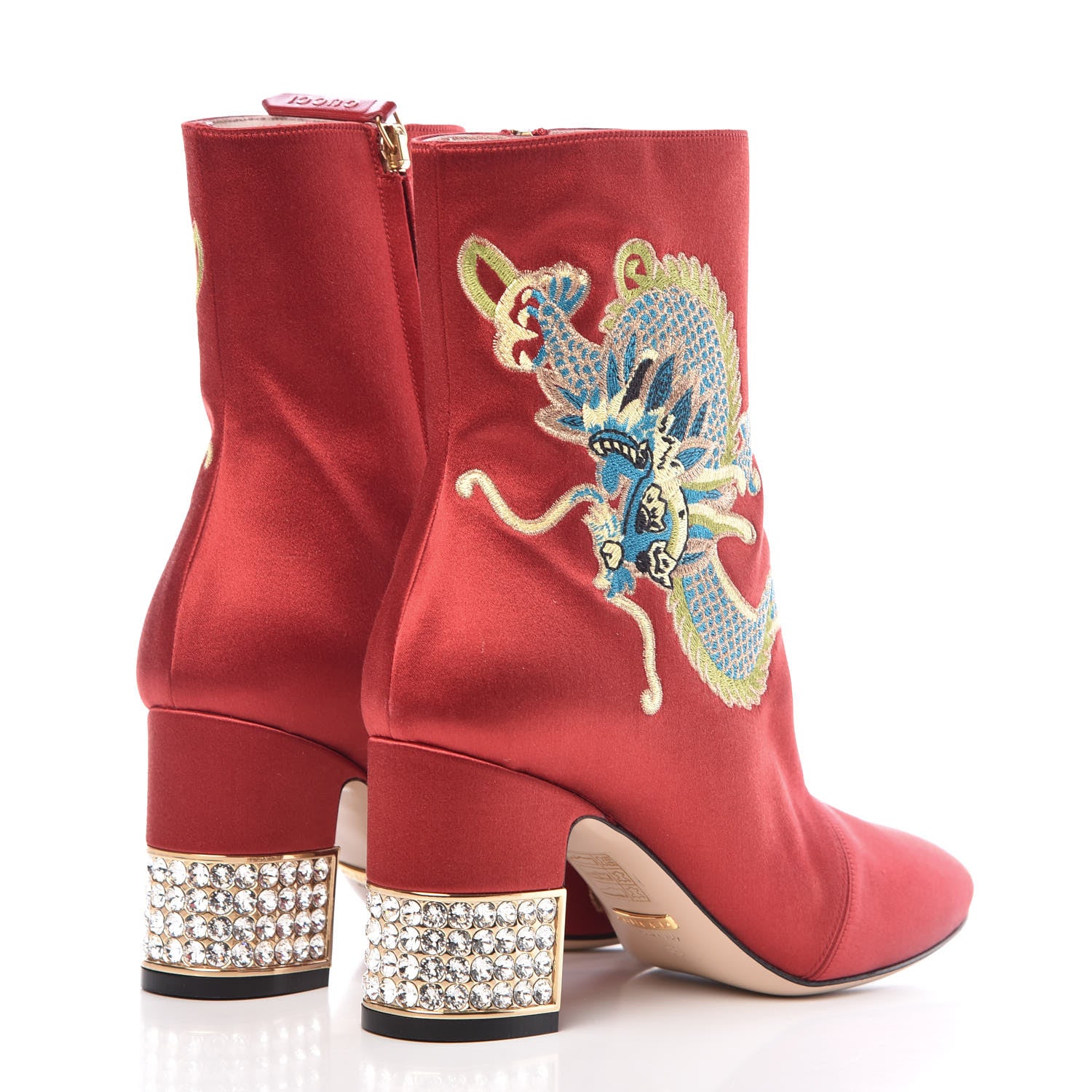 Gucci Silk Satin Malaga Kid Embroidered Candy Dragon Block-Heel Ankle Boot 36 Red 8 of 15