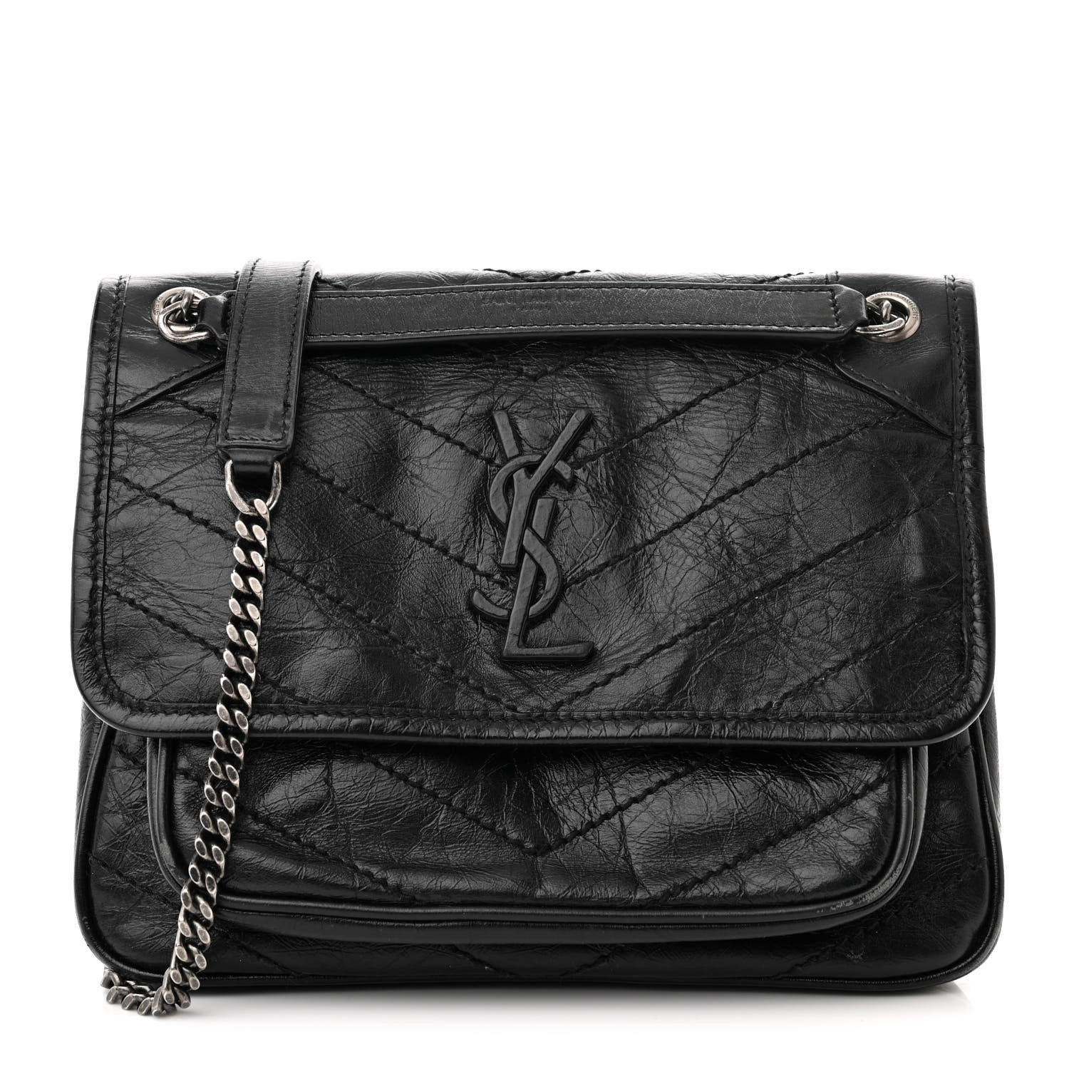 Saint Laurent Crinkled Lambskin Matelasse Monogram Baby Niki Chain Satchel Black 1 of 9