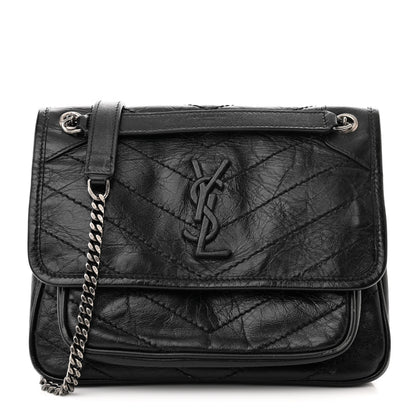 Saint Laurent Crinkled Lambskin Matelasse Monogram Baby Niki Chain Satchel Black 1 of 9