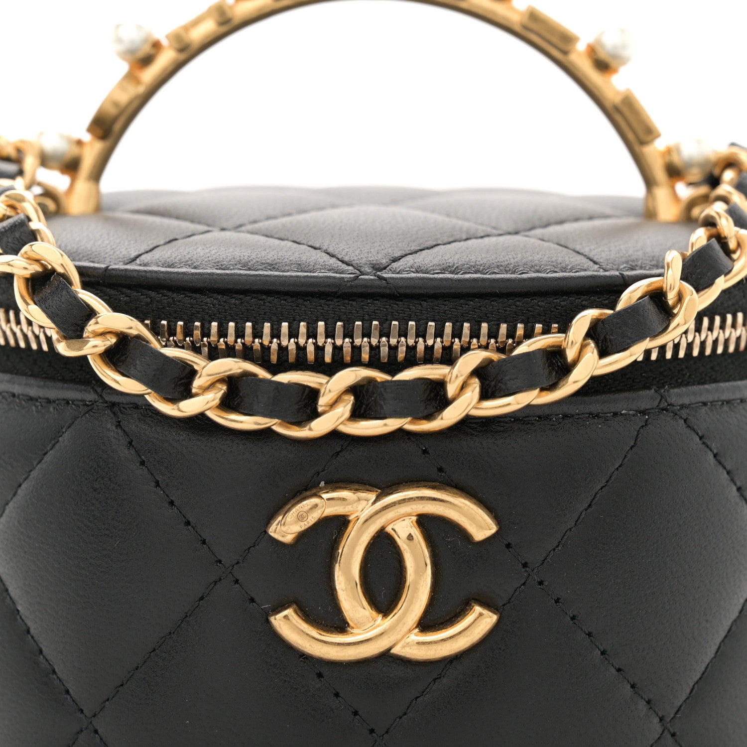 Chanel Lambskin Pearl Crystal Quilted Pearly Girl Top Handle Round
