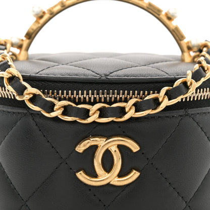 Chanel Lambskin Pearl Crystal Quilted Pearly Girl Top Handle Round Vanity Case With Chain Black 8 of 11