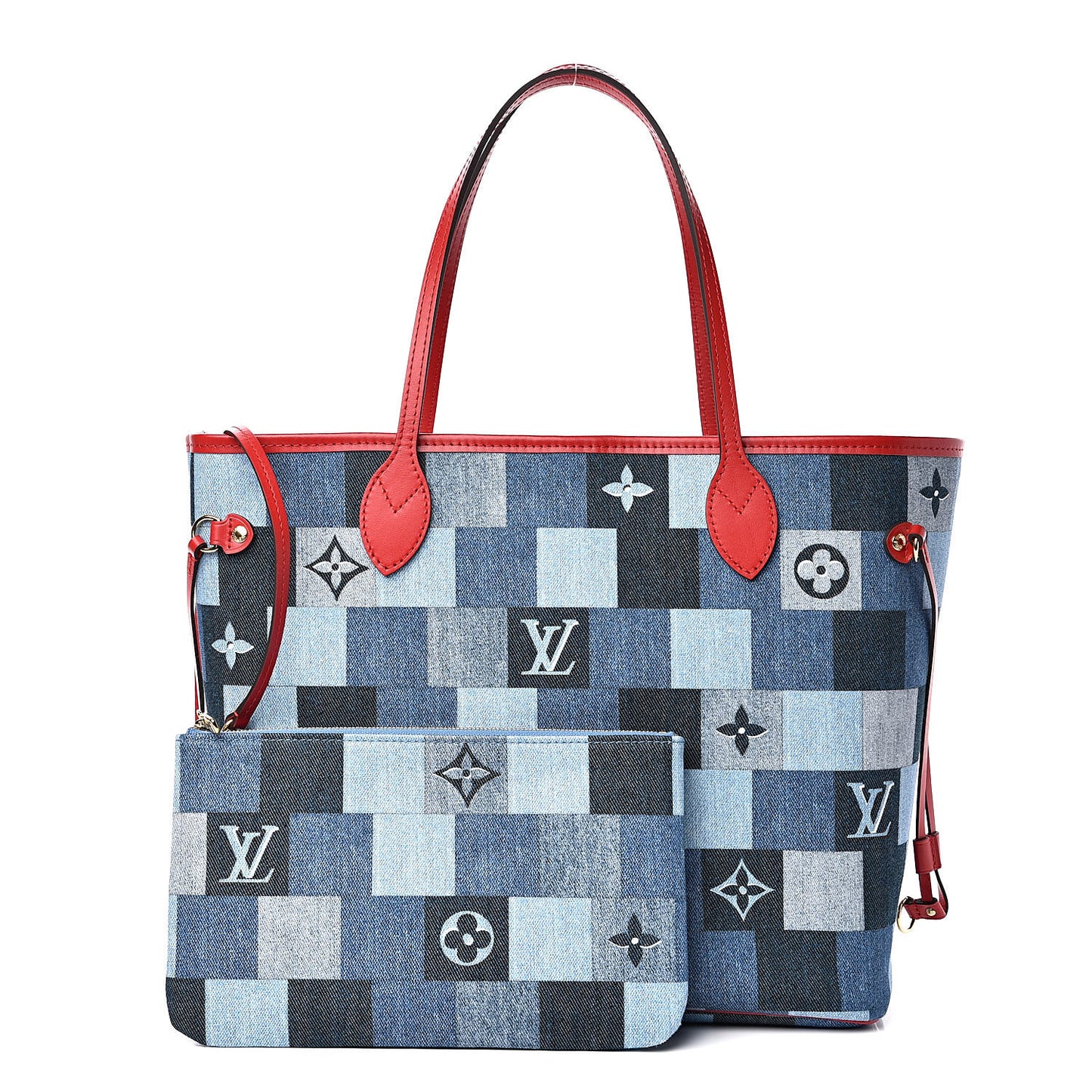 Denim Damier Monogram Patchwork Neverfull Blue Rouge