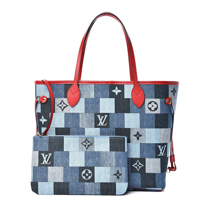 Louis Vuitton Denim Damier Monogram Patchwork Neverfull Blue Rouge 1 of 12