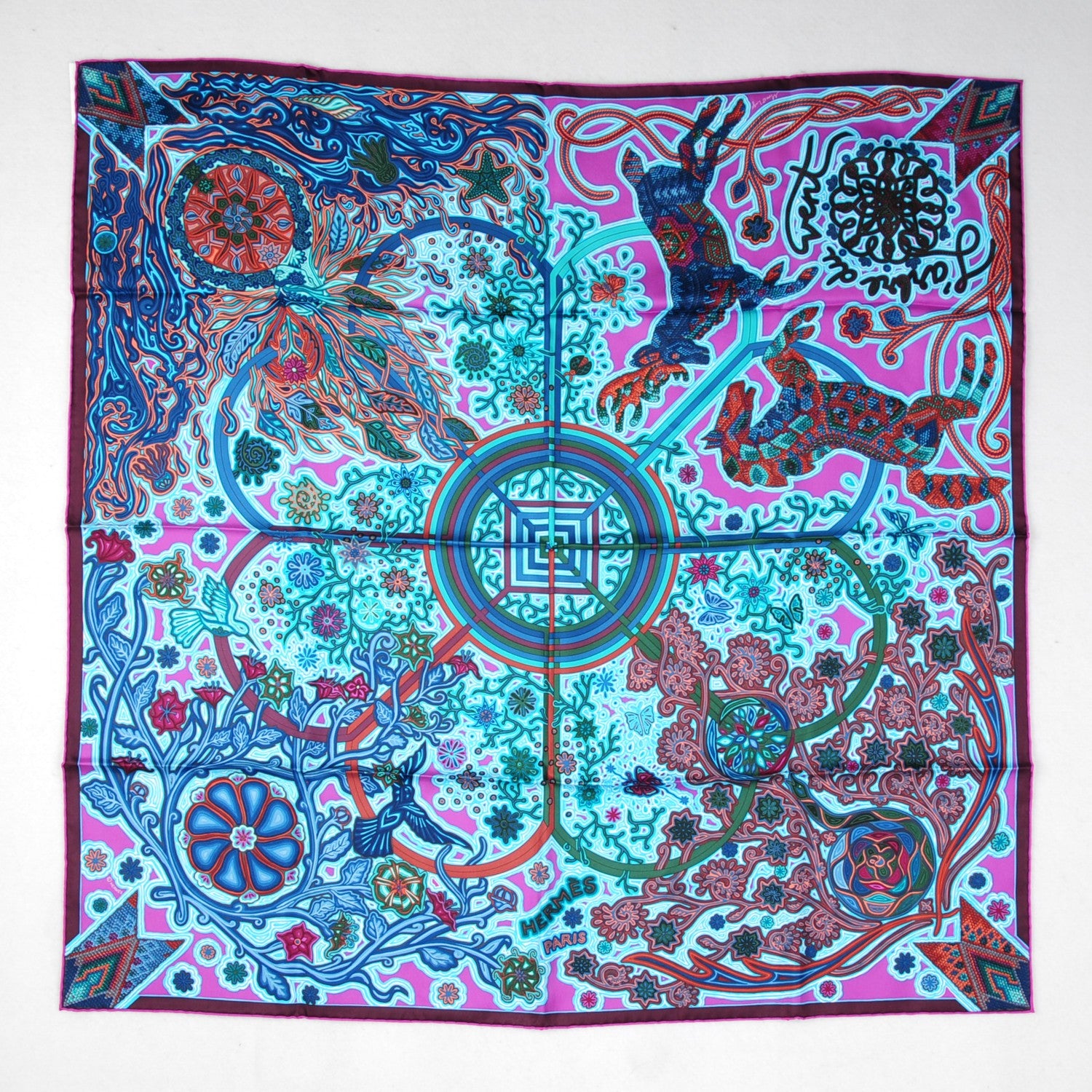 Hermes Silk L'Arbre Du Vent Scarf 90 Bleu Fuchsia Turquoise 2 of 7