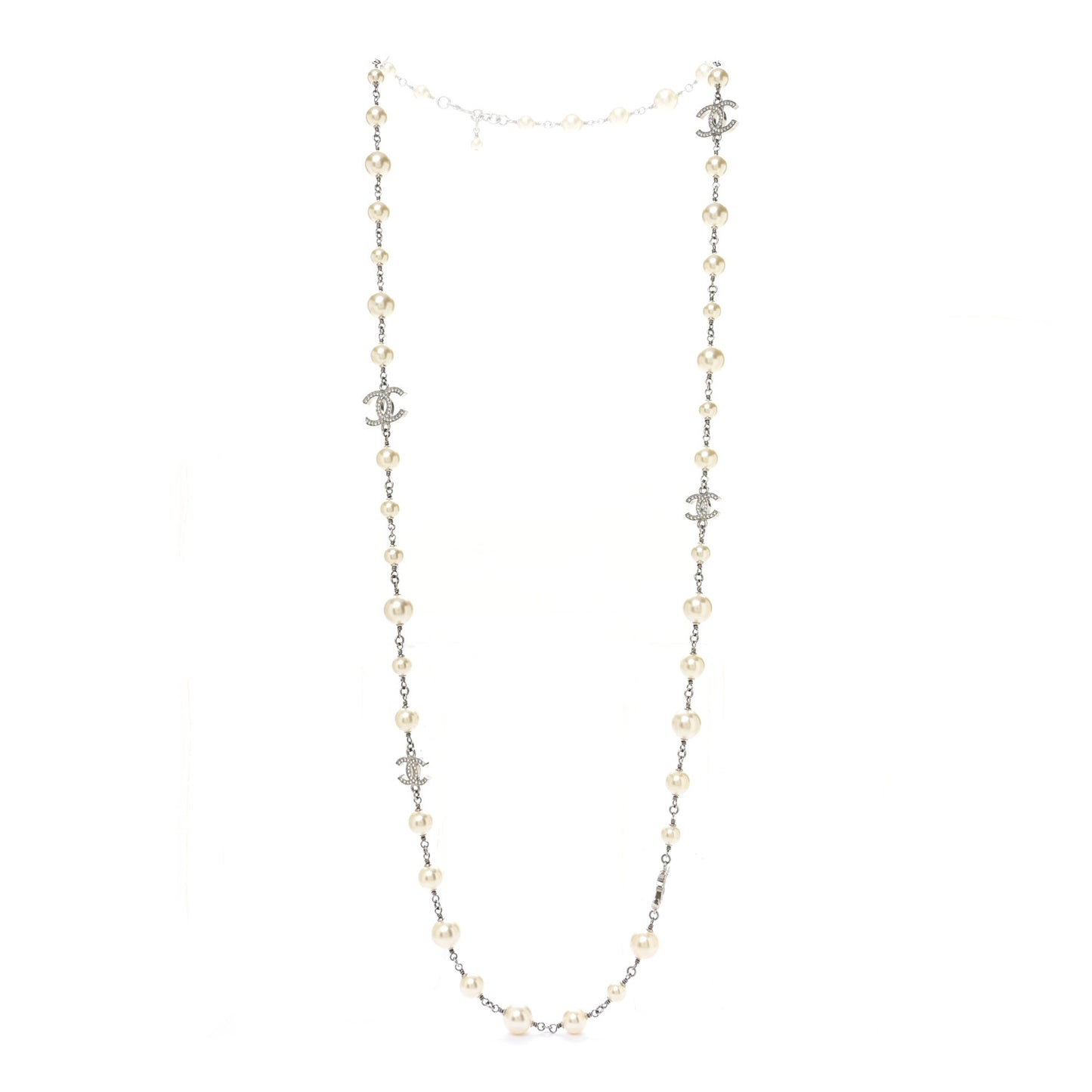 Graduated Pearl Crystal CC Long Necklace Silver